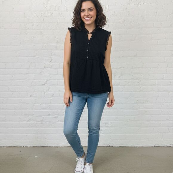 Converse One Star Top Size L Black Button Front Ruffle Sleeveless Cotton Blouse - Picture 1 of 16